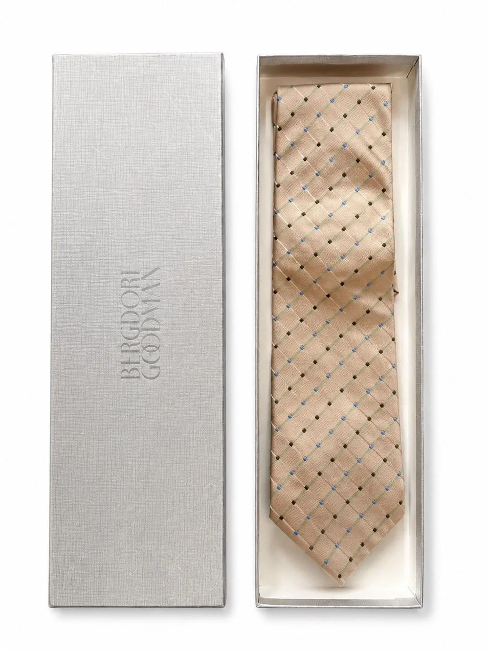 Banana Republic Beige Silk Grid Tie with Blue & Dark Accent Dots